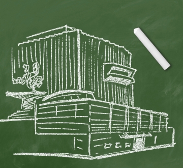 Chalk drawing of Jerome Greene Hall