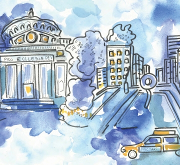 Watercolor painting of Low Library, Revson Plaza, and yellow cab by Lindsey Jones