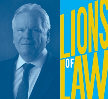 A portrait of James Kreindler next to text that reads "Lions of Law"