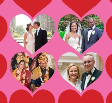 4 heart-shaped portraits of couples who met at Columbia Law surrounded by red hearts