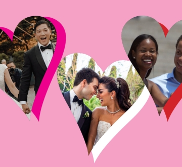 Three photos of couples in heart shaped frames on pink background