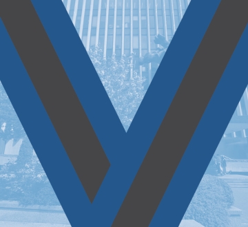 The blue ribbon of the Medal for Excellence superimposed on an image of the Law School