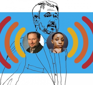 Red and orange soundwave graphics over portraits of the episode's speakers