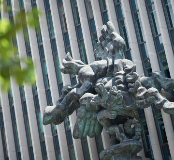 Bellerophon Taming Pegasus sculpture in front of Jerome Greene Hall