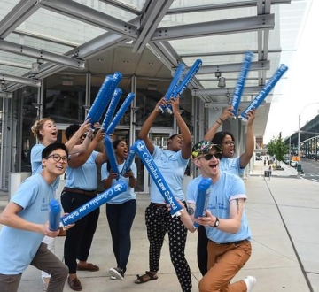 Columbia Law student leaders cheering new first-year law students