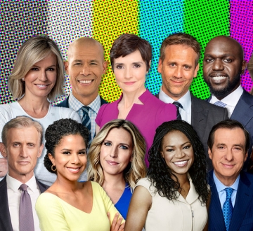 Images of 16 alumni newscasters in front of rainbow TV bars