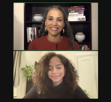 Two women in separate Zoom video boxes, both smiling. 