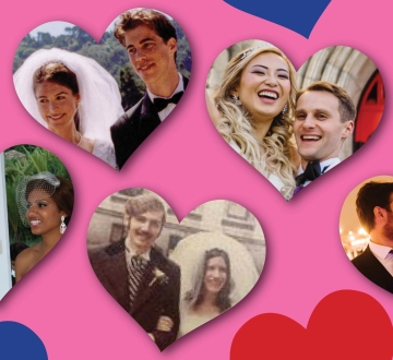 Five heart-shaped photos of five heterosexual couples