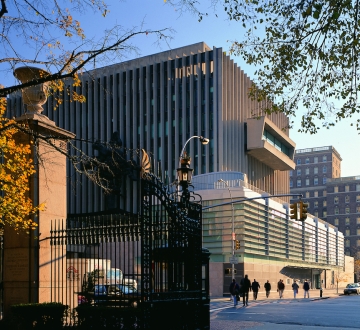 Jerome Greene Hall through open gates seen from Amsterdam Avenue