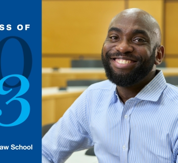 Afam Ikeakanam smiling next to text that says Columbia Law School, The Class of 2023