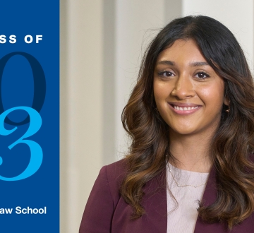Madhuri Belkale smiling next to text that says Columbia Law School, The Class of 2023