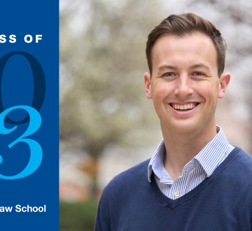 Simeon Toronto smiling next to text that says Columbia Law School, The Class of 2023