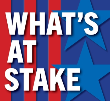What's At Stake stars and stripes graphic in red and blue
