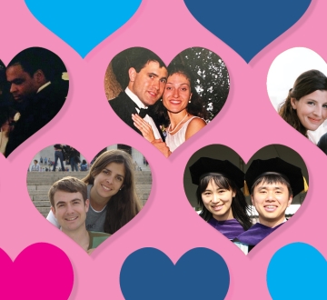 Photos of five couples surrounded by hearts