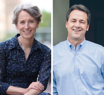 A photo of a woman wearing a blue shirt on the left and a man wearing a blue shirt on the right