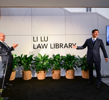 Li Lu and Dean Abebe Law Library Opening Signage