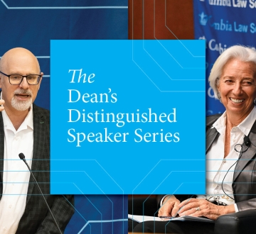 Tom Ginsburg, left, and Christine Lagarde, right, with the logo for The Dean's Distinguished Speaker Series between them in bright blue