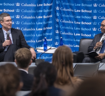 Judge Brian E. Murphy (left) in conversation with Dean Daniel Abebe (right)