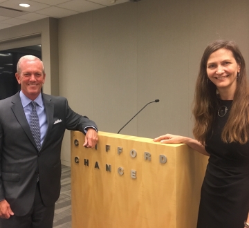 Nick Williams ’88, partner and chair of the hiring committee at Clifford Chance, and Columbia Law School Professor Elizabeth Emens.