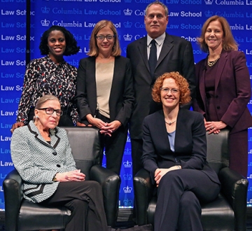 (First row) Justice Ginsburg and Dean Gillian Lester; (second row) Professor Olatunde Johnson, Professor Gillian Metzger, Lee Gelernt ’88, and Nancy Northup ’88 