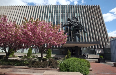 Jerome Greene Hall with red leaves of spring