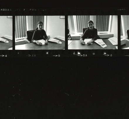 Ruth Bader Ginsburg sits at her desk as a professor in the 1970s.