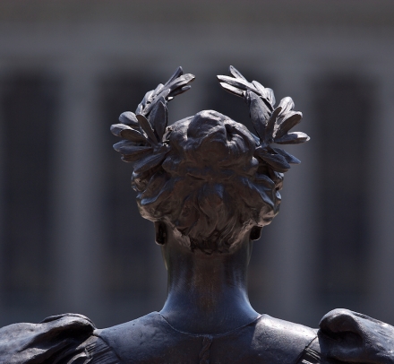 The back side of Alma Mater's head and crown