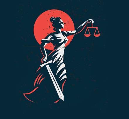 Themis, holding her scales and sword, walking on a blue backdrop