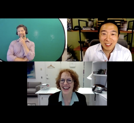 Professor Jed Purdy and Dean Gillian Lester speak with former presidential candidate Andrew Yang ’99 in the Dean's Distinguished Speaker Series in a Zoom screen