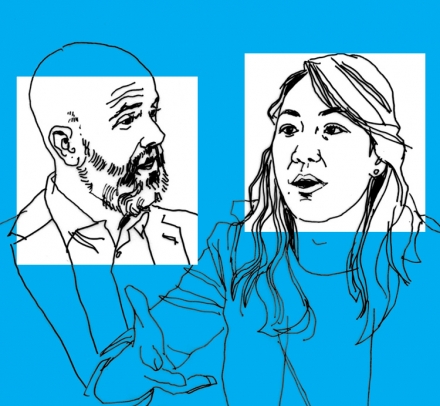 A line art drawing of Ed Morrison and Kate Waldock on a blue background