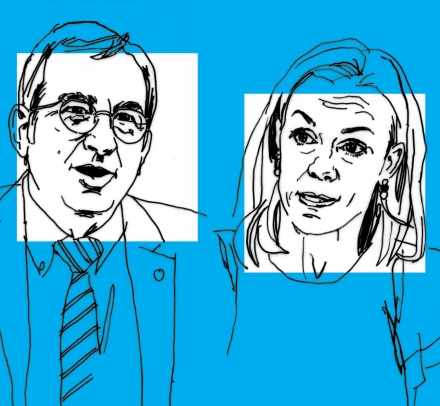 Line art drawing of professors Petros Mavroidis and Anu Bradford on a blue background