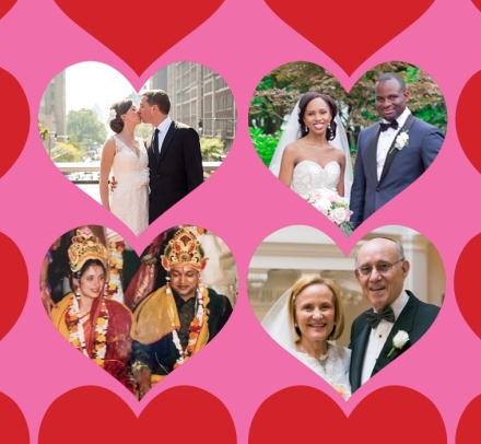4 heart-shaped portraits of couples who met at Columbia Law surrounded by red hearts