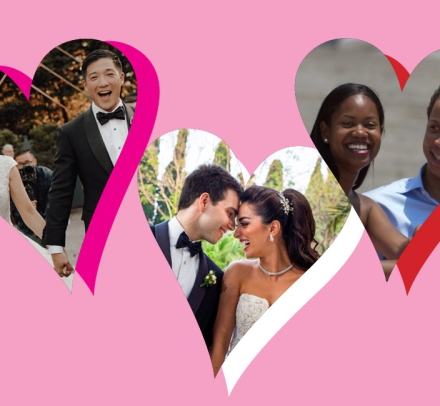 Three photos of couples in heart shaped frames on pink background