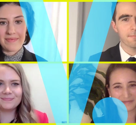 2021 Harlan Fiske Stone Moot Court Competitors on Zoom with a blue V superimposed