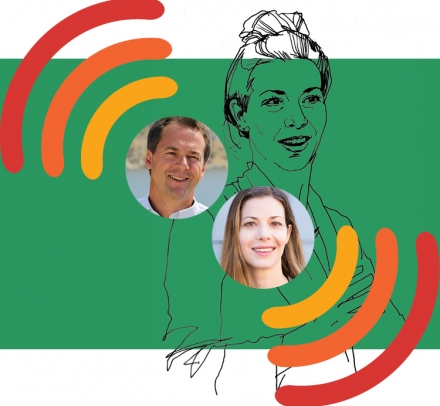 Photo of woman with long hair in a circle and photo of man in Oxford shirt in a circle on background of line drawing of the woman.