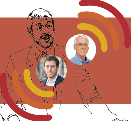 Red and orange radio wave symbols and portraits of two men