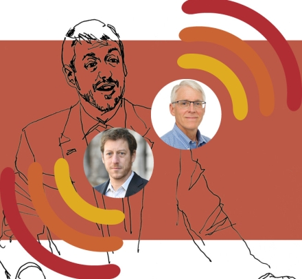 Red and orange radio wave symbols and portraits of two men