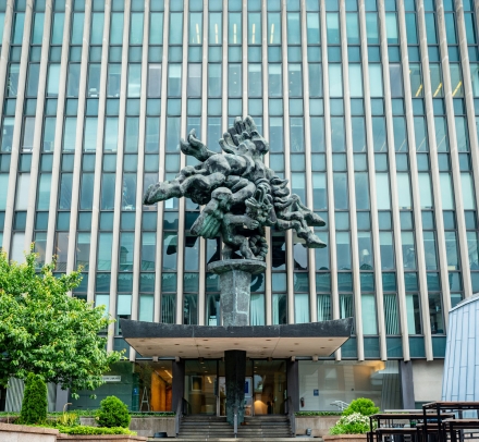 Exterior of Jerome L. Greene Hall featuring the sculpture Bellerophon Taming Pegasus