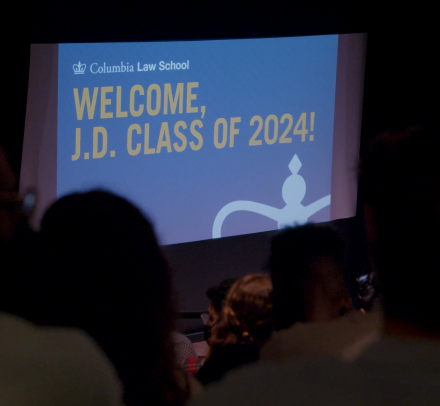 An audience facing a slide that reads: Welcome, J.D. Class of 2024!