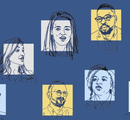 Illustrations of nine new faculty member in squares
