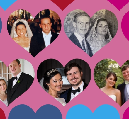 Pictures of five couples on colorful hearts background