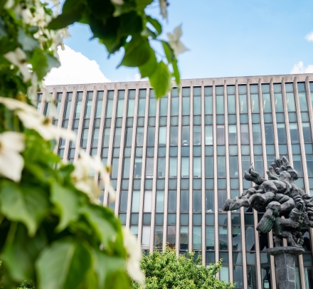 Flowers in bloom in front of Jerome Greene Hall