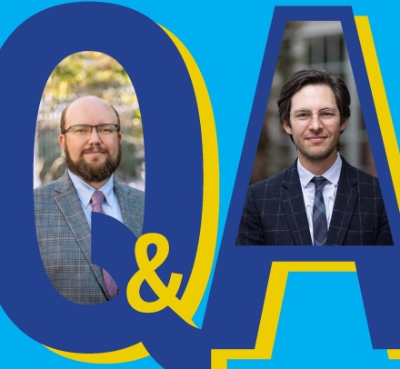 Graphic of letters Q & A with photos of two men in ties superimposed