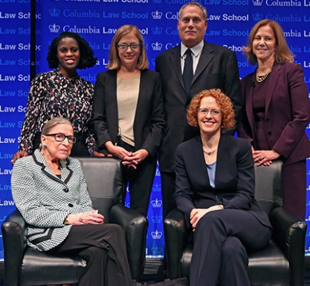 (First row) Justice Ginsburg and Dean Gillian Lester; (second row) Professor Olatunde Johnson, Professor Gillian Metzger, Lee Gelernt ’88, and Nancy Northup ’88 