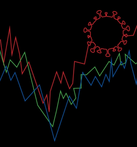 A graph showing a descending and then ascending line features the silhouette of a coronavirus.