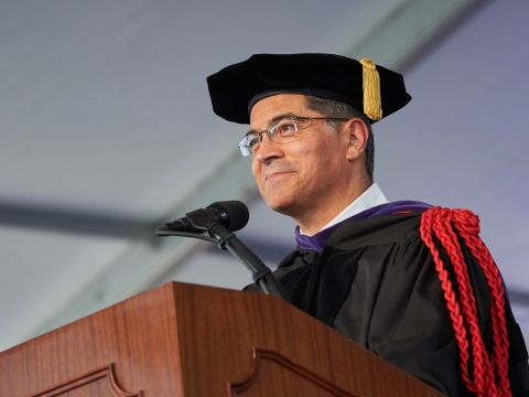 Xavier Becerra, the California Attorney General, in academic regalia