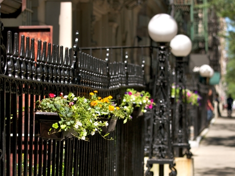 Flower baskets on a wrought iron railing in Morningside Heights