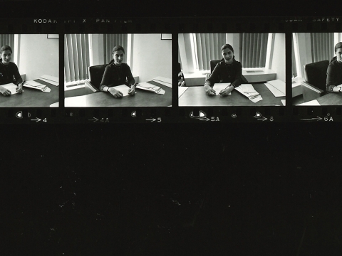 Ruth Bader Ginsburg sits at her desk as a professor in the 1970s.