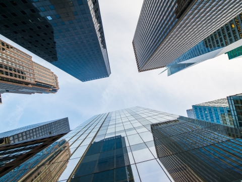 Skyscrapers in Manhattan, looking up