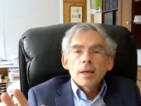 Professor Michael Gerrard speaks to a webcam from his office as part of the Faculty Speaker Series.